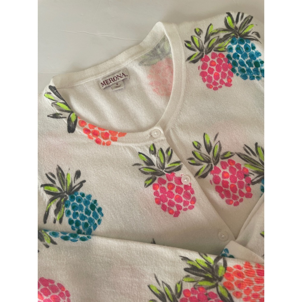 Merona White Pineapple Print Button Cardigan Sweater Neon Pink Blue Gray Small‎